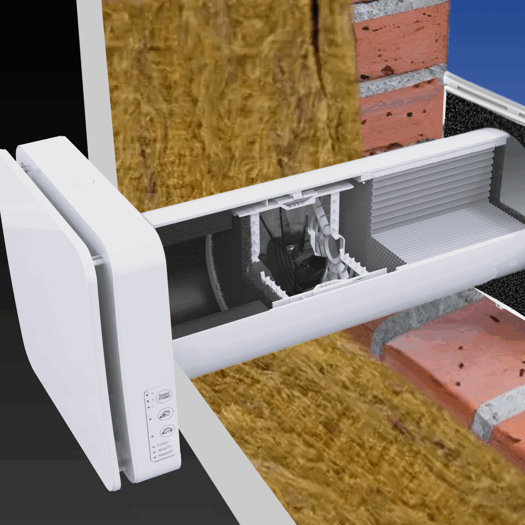 DUKA One pro 50 S i en transparent vägg där man kan se insidan, vägggenomföringen och utsidan